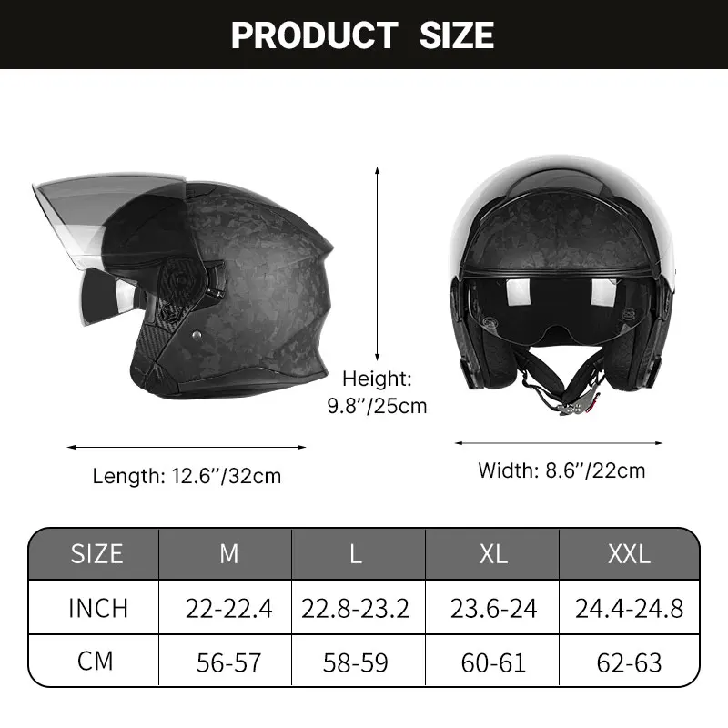 Retro Forged Carbon Fiber 3/4 Helmet with Hybrid Construction High Definition Visor Durable and Scratch Resistant DOT Safety