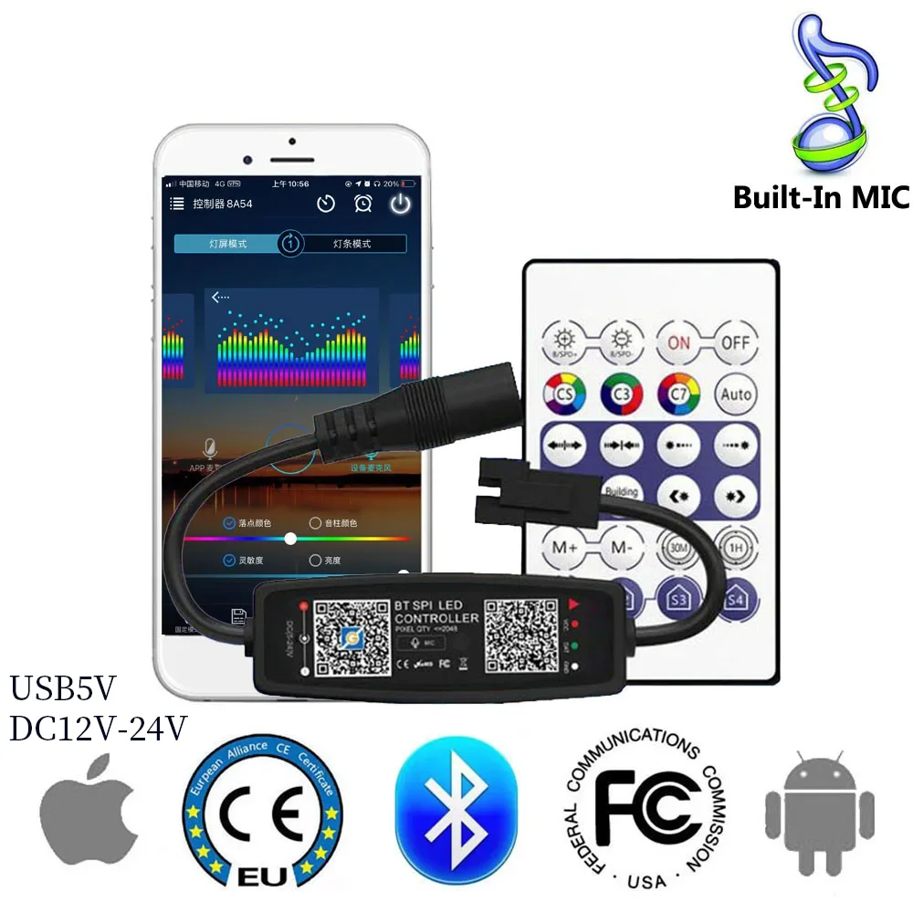 Bluetooth Music LED Controller Built-in MIC With Remote For WS2811 WS2812B WS2812 SK6812 Smart Pixels Strip Light USB5V DC12-24V