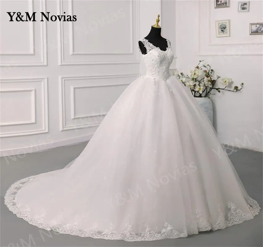 Y&m Novias Fashion Classic White Wedding Dresses Plus Size Diamond Sequin Bead Lace Edge Train Dresses For Brida Gown Customized