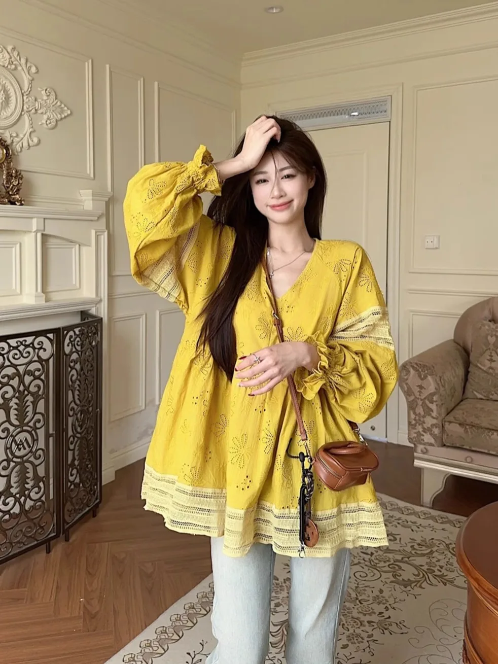 

Lace Boho Style Embroidered Loose Blouse Shirt Spring Summer Hollow-out Beach Vacation Chic Elegant Shirt Tops