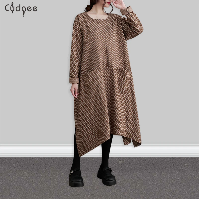 Long-Sleeve Scoop Neck Patterned Asymmetrical Midi Smock Dress Women's Loose Crew Neck Vintage Irregular Dress With Pockets