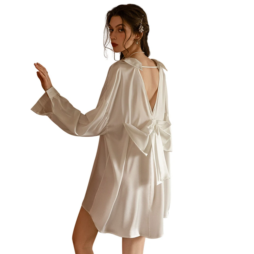 

Silk Sleepwear Long Sleeve Nightshirt Satin Sleepshirt Button Front Pajama Top for Women Sexy Open Back Nightgown Night Dress