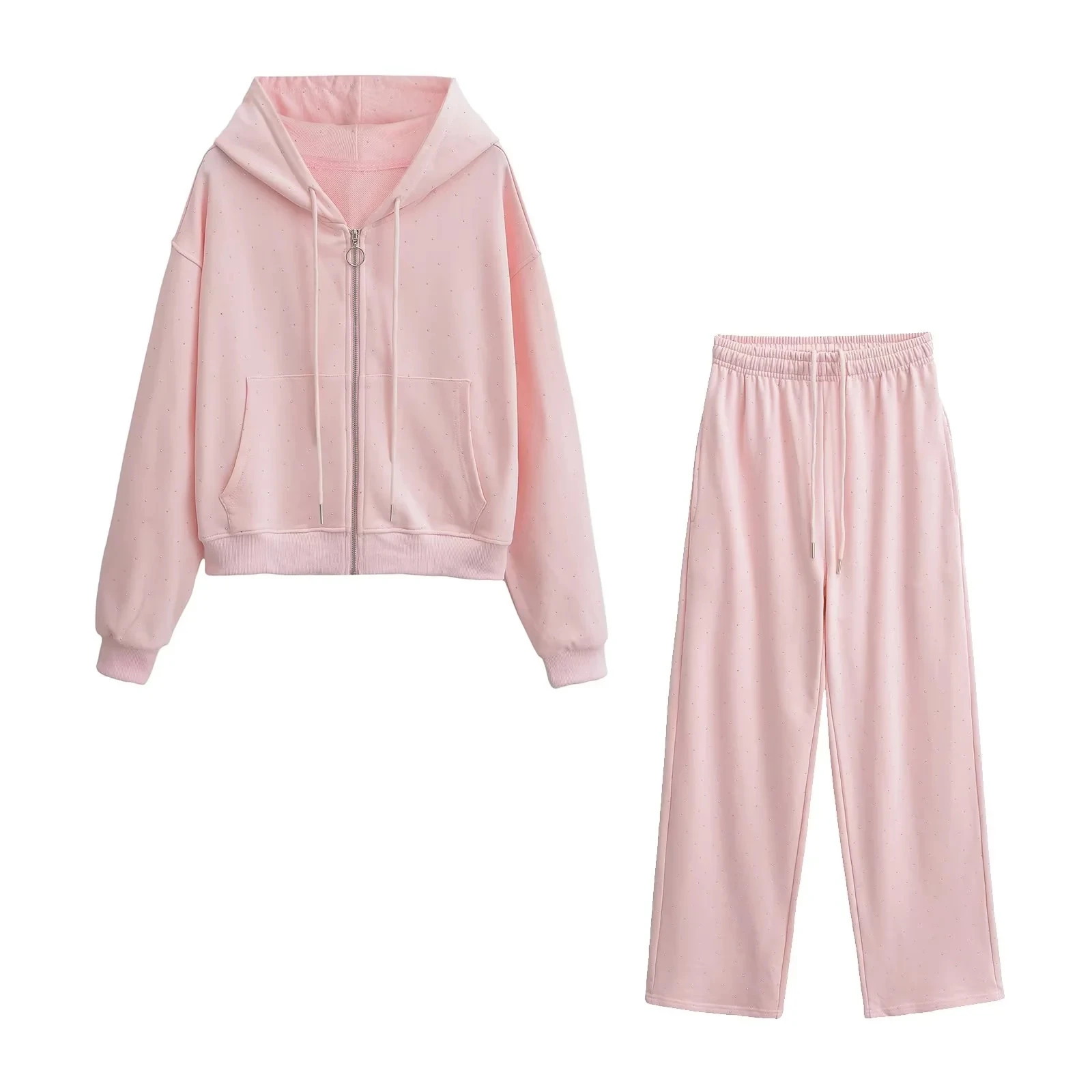 เสื้อฮู้ดทรงหลวมสีเงิน ลายพิมพ์ด้วยความร้อน กางเกงขายาวลำลองเอวยางยืดผูกเชือก เอวสูง สไตล์สบายๆ