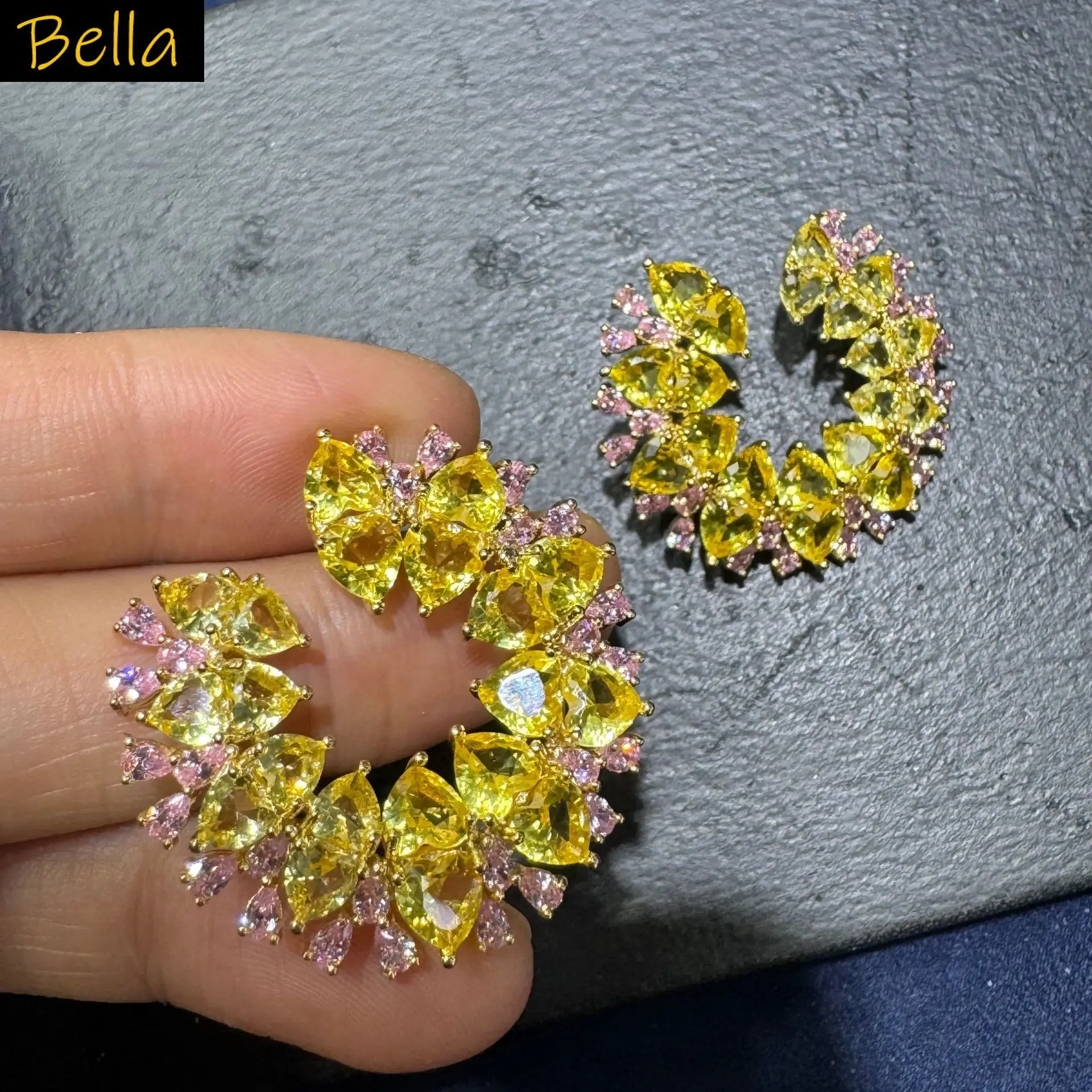 

red yellow zircon stud earrings for women cute jewelry C shape round earrings sweet gift