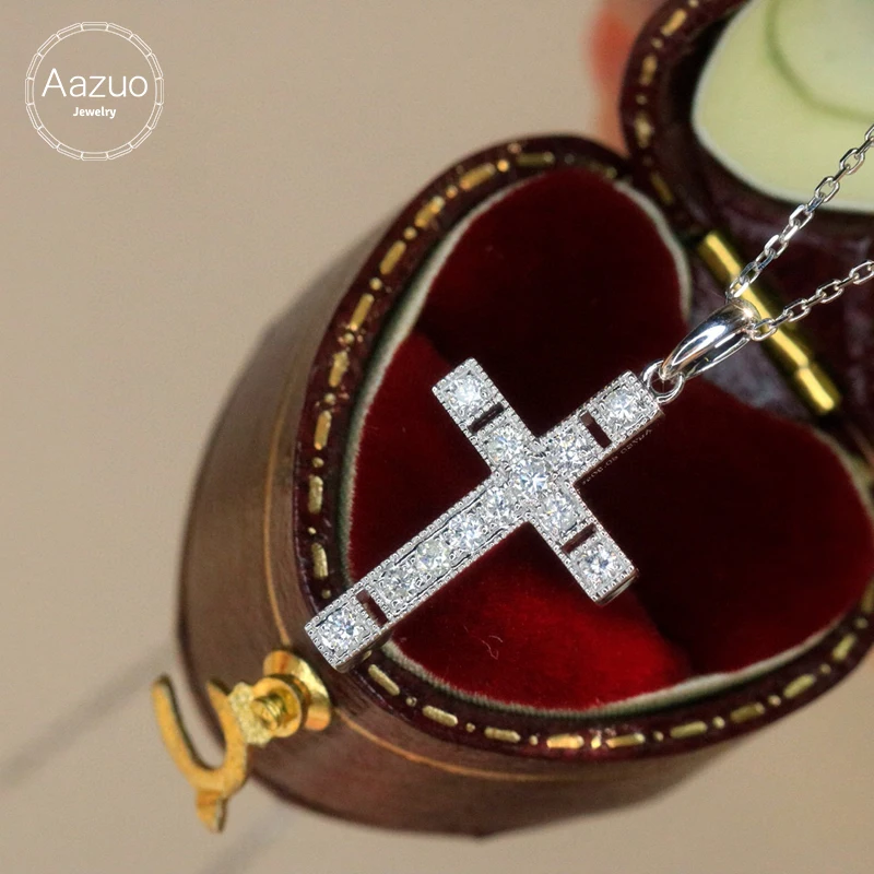 Aazuo Fine Jewelry 100% Real 18K White Gold Natural Diamond 0.30ct Cross Pendent With Chain Gifted for Women Wedding Party Au750