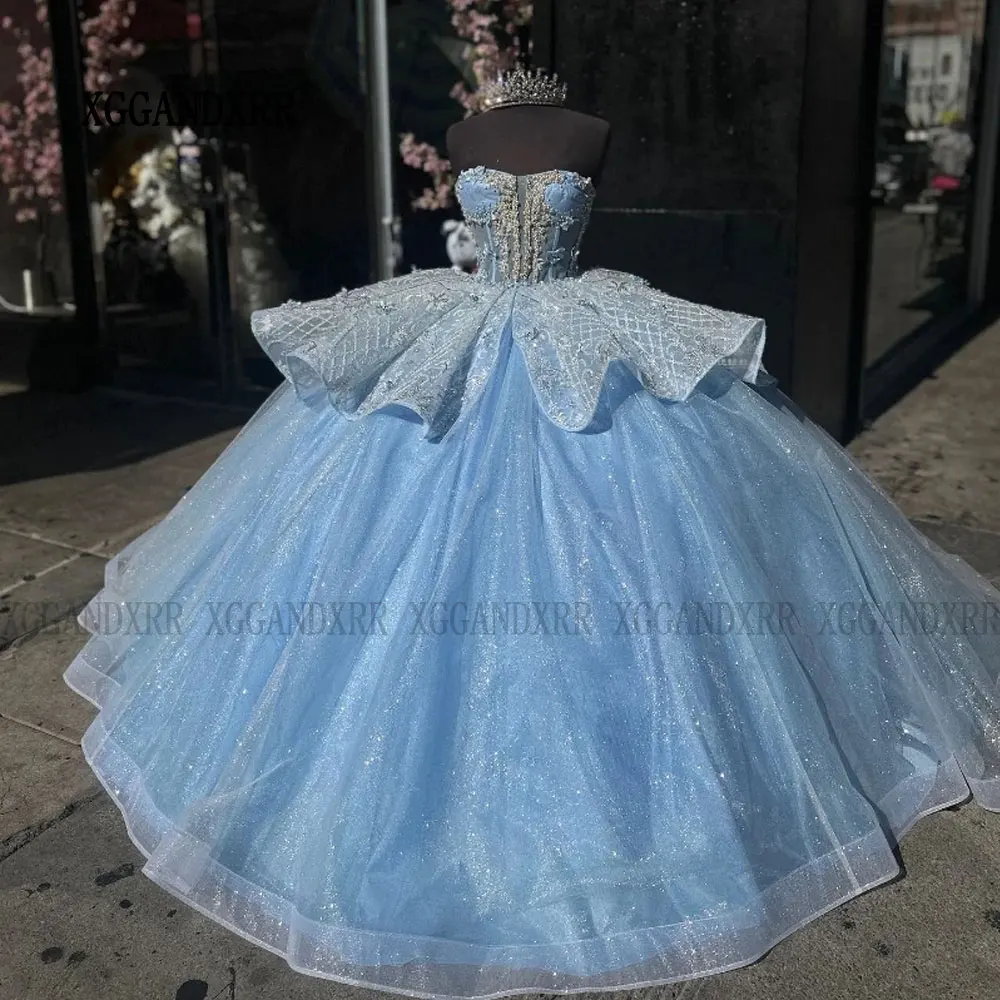 

Real Ball Gown Sky Blue Mexican Quinceanera Dress 2024 Sparkly Princess Prom Sweet 16 Dress XV Anos Birthday Pageant Dress