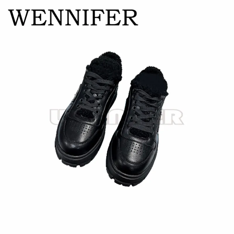 Calf Leather Lace Up Female Trainers Round Toe Chunky Keep Warm Wool Low-top Lady Sneakers Women Designing Ankle Flatform Shoes