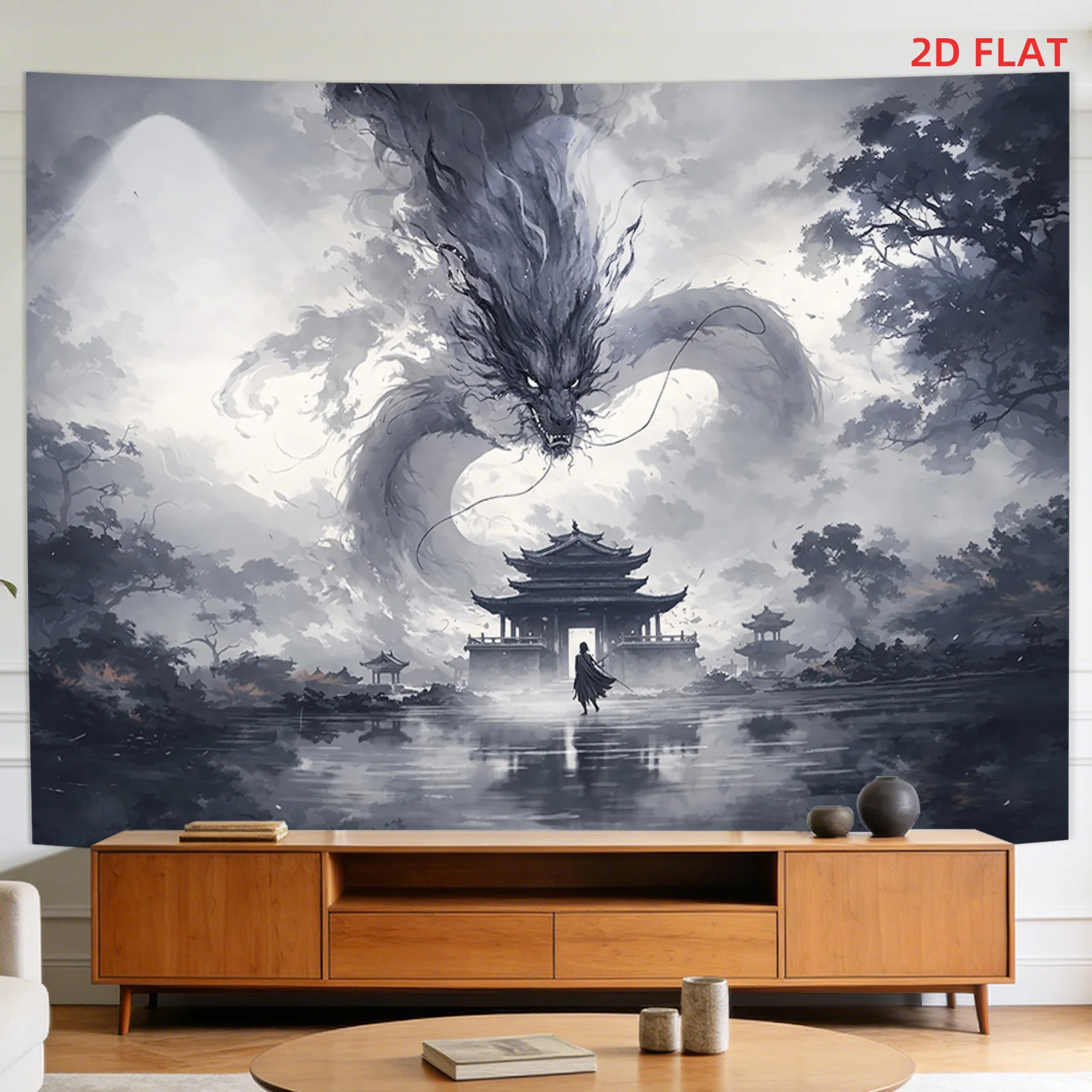 Japanese Temple Tapestry Polyester Wall Hanging Misty Forest Dragon Samurai Living Room  wall tapestry aesthetic room decor