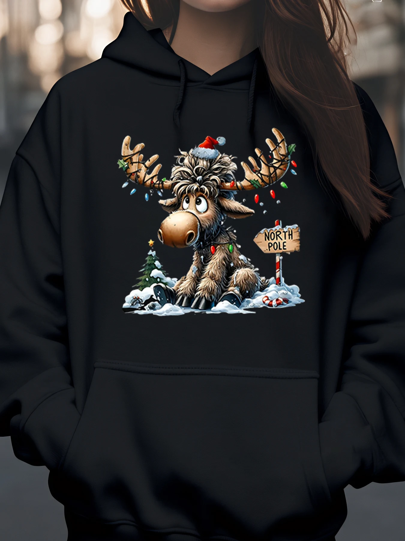 

Рождественский лось с огнями и знаком Северного полюса, толстовка с капюшоном, праздничный подарок для женщин и мужчин