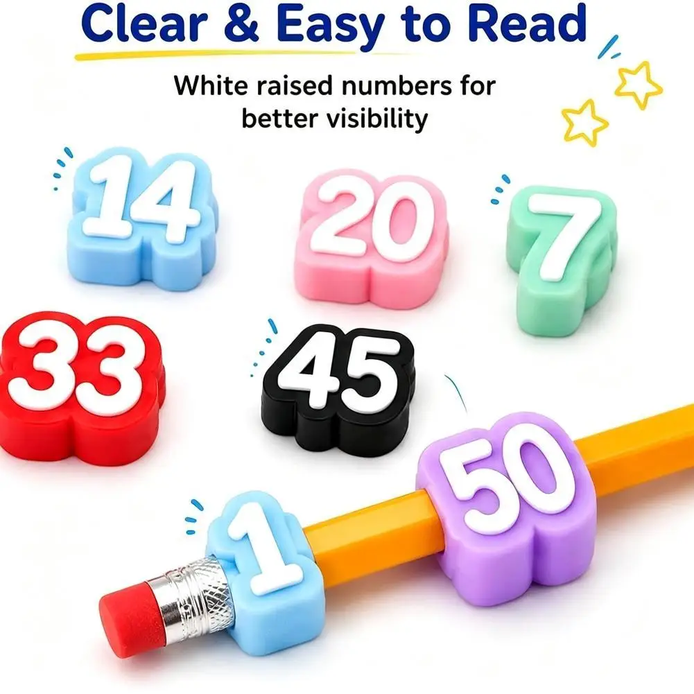 20Pcs Numbered Pencil Toppers 1-20 Reusable Silicone Pencil Labels Caps Classroom Supply Station School Organization Teacher