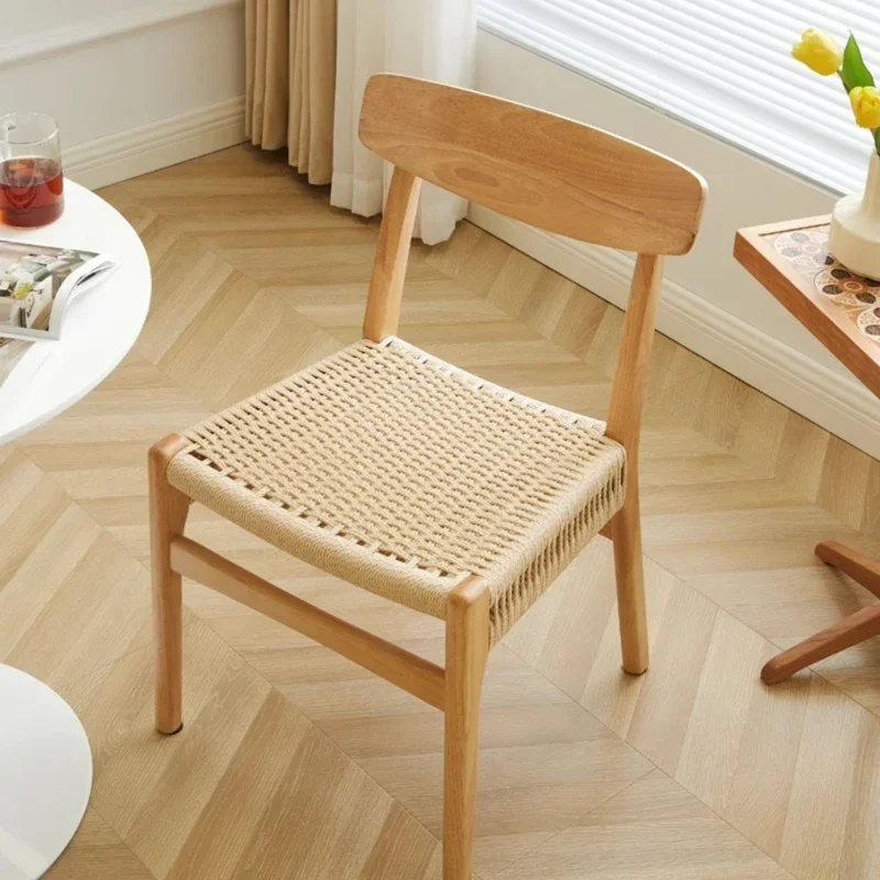 Retro Solid Wood Rope Dining Chair Modern Minimalist Home Woven Makeup Stool Nordic Rattan Back Chair Living Room Furniture New