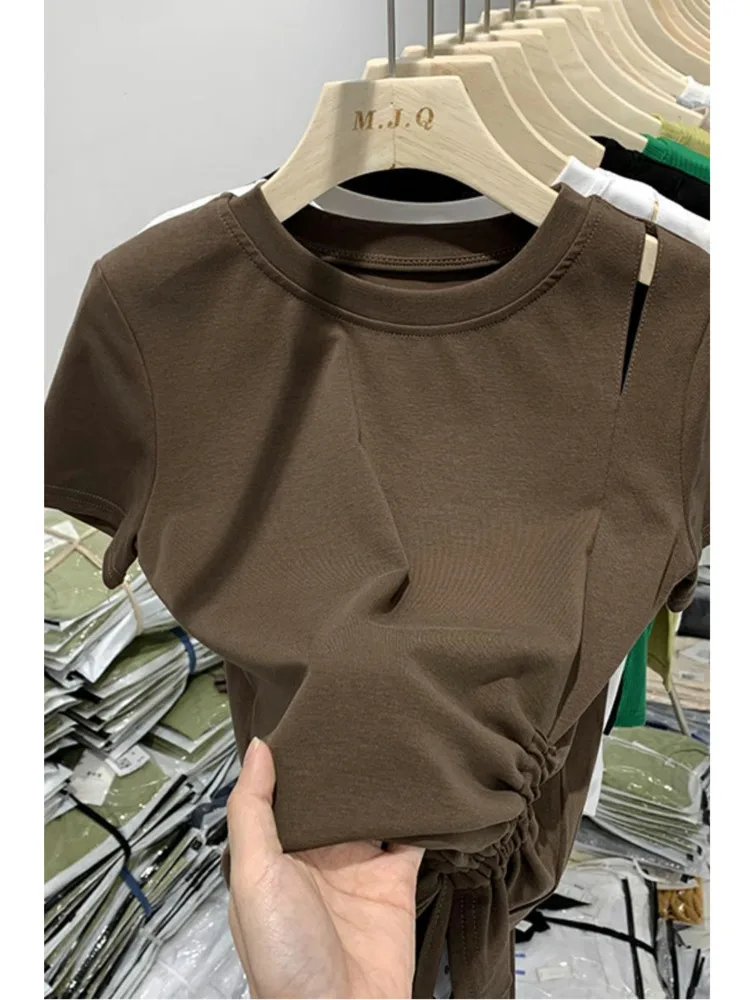 Shirring Drawstring Design Skinny Short T-shirt For Women Summer Slim Holes Short Sleeve Chic Top Female Cotton Korean Tees