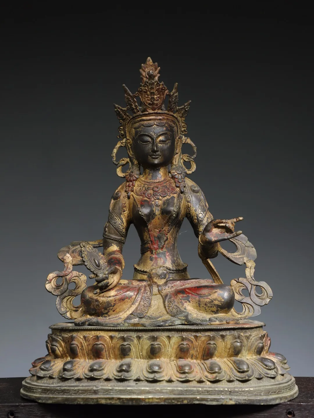 

18"Tibetan Temple Collection Old Bronze Cinnabar Mud gold Tantric Tara Buddha Double Lotus Platform Sitting Buddha Worship Hall