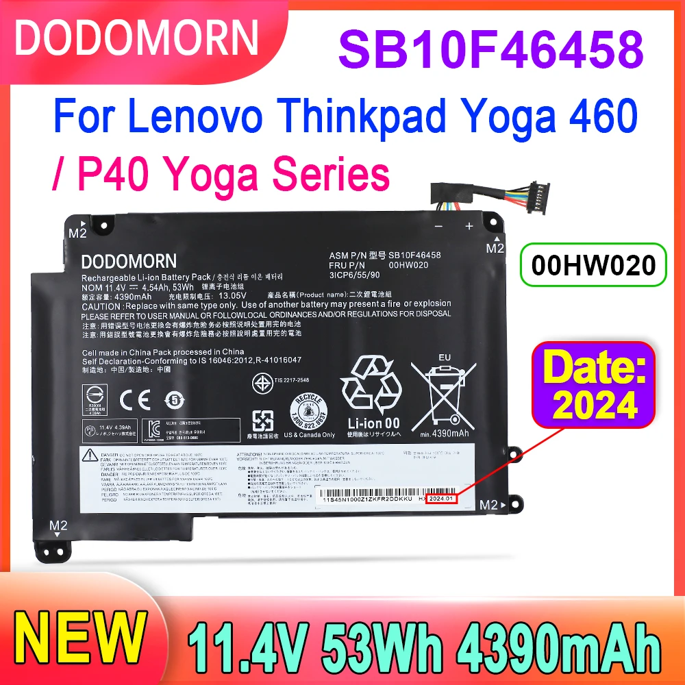 

DODOMORN SB10F46458 Laptop Battery For Lenovo Thinkpad Yoga 460 20EL,20EM, 20FY,20G,20GQ-000EUS,20GR Series 00HW020 53Wh 4390mAh