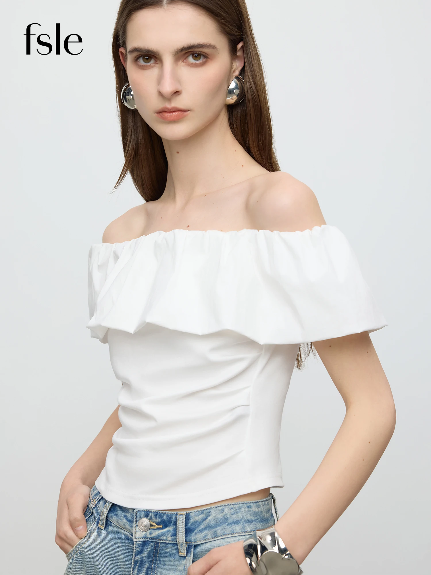FSLE【Premium Series】 One-shoulder Pleated Patchwork T-shirt Exquisite Temperament Slim Top 25FE12072