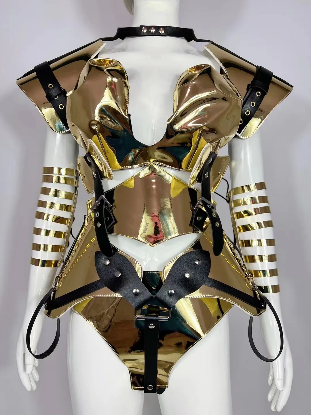 Pu Leather Gold Armor Bodysuit Future Sense Singer Dancer Stage Costume Carniva Rave Clothing Nightclub Dancer Outfti