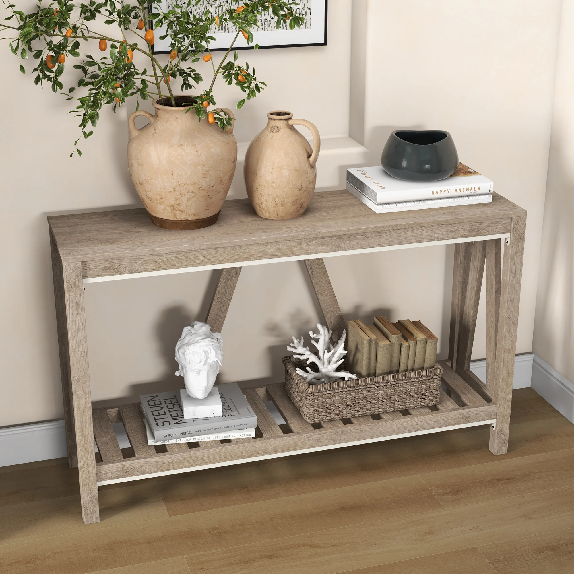 Homcom Farmhouse Console Table with Storage Shelf Anti-Tipper for Entryway