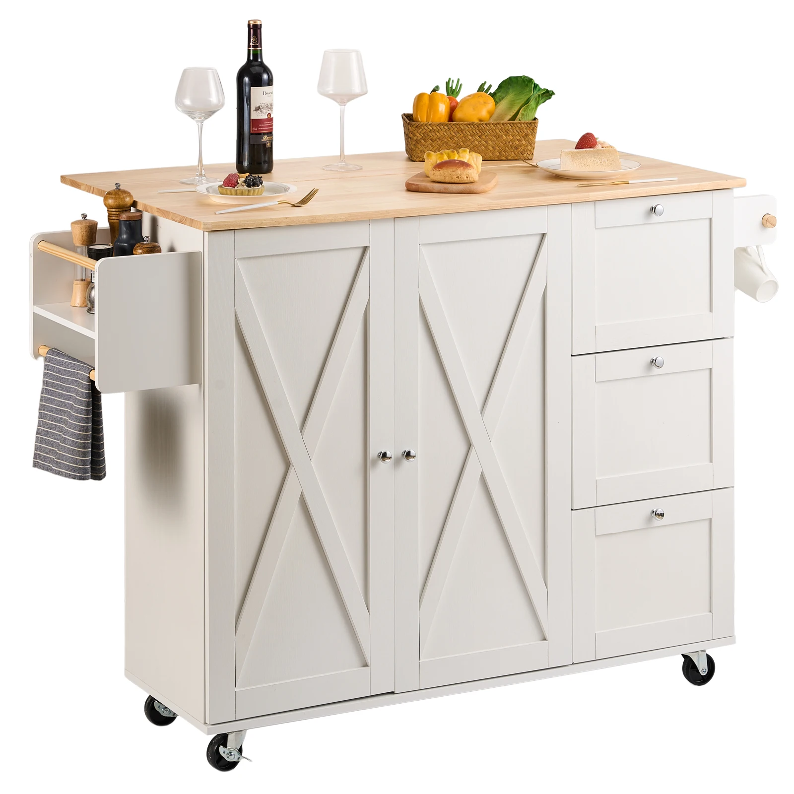 VEVOR 2-Door 1/2 3-Drawer White Mobile Kitchen Island Rubber Wood Desktop Rolling Kitchen Cart with Wheels for Home Bar Storage