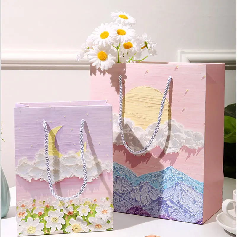 12pcs Oil Painting Paper Hand Bags For Candy Festival Valentines Day Gift Packaging Favors Birthday Party  Wedding Supplies