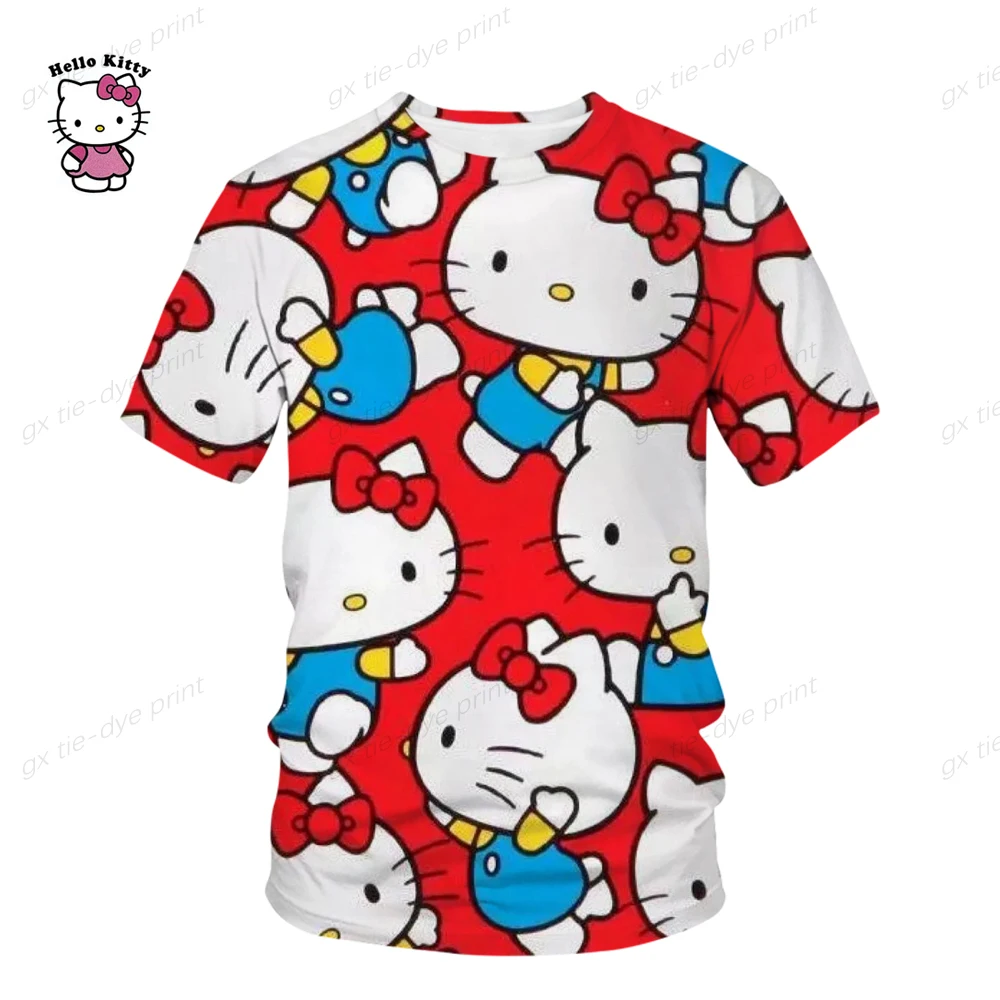 Hello Kitty Boys Girls T-shirts Oversized Men's T-shirts 3D Print New Short Sleeve Cartoon Womens T-shirts MINISO Women Clothing