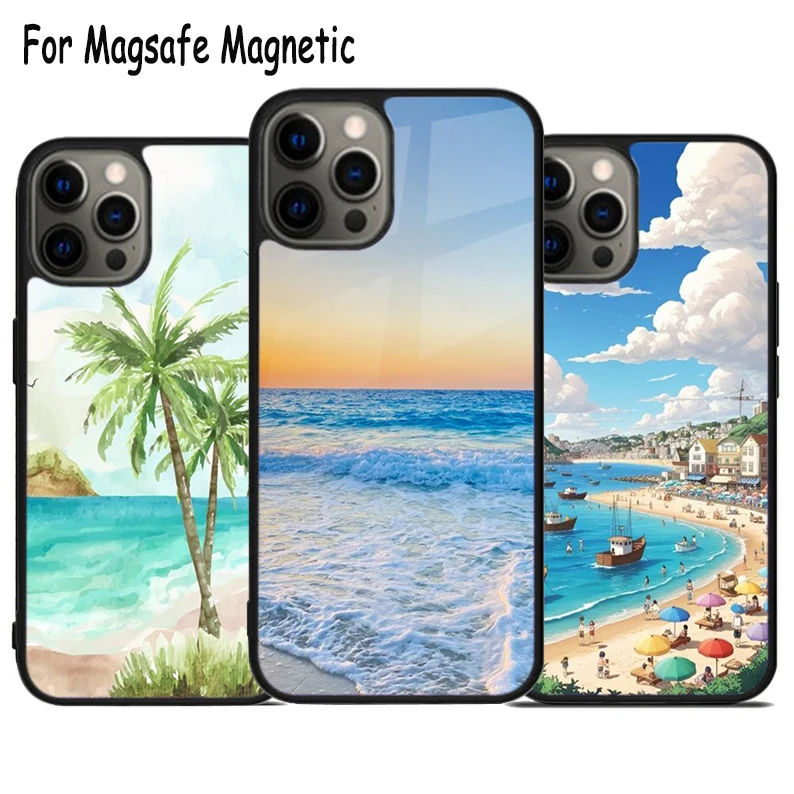 Vacation Ocean Beach Wave Travel Wireless Charge Magsafe Phone Case For iPhone 15 16 14 13 11 12 Pro Max Plus Magnetic Cover