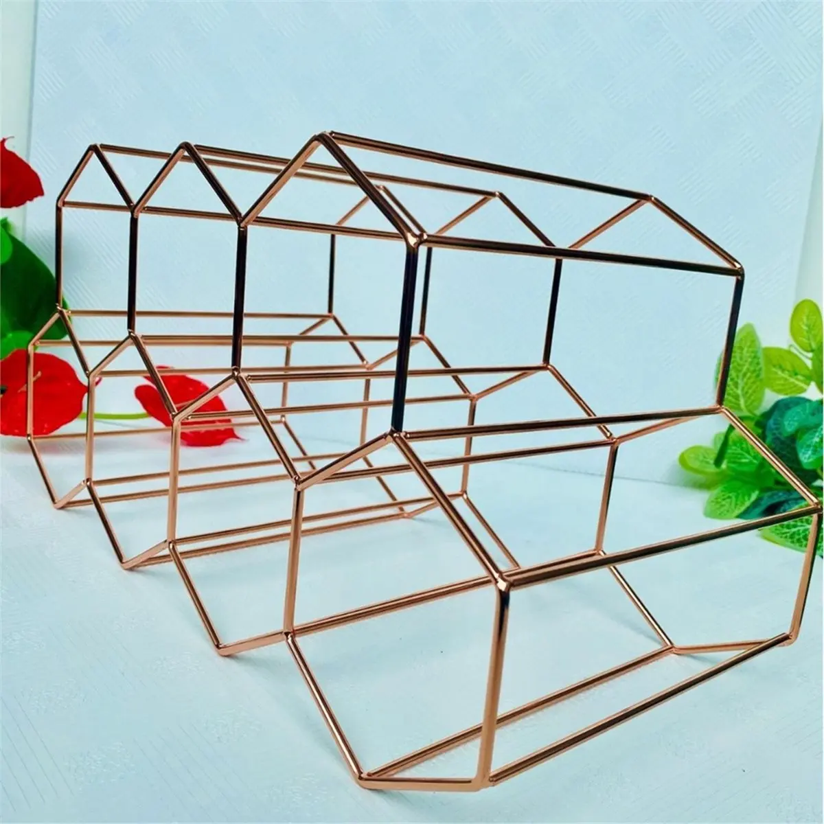 (LBER) Modern Metal Honeycomb Wine Rack Wine Bottle Storage Beehive Tabletop Wine Rack Hexagon 9 Bottle Wine Holder Display C