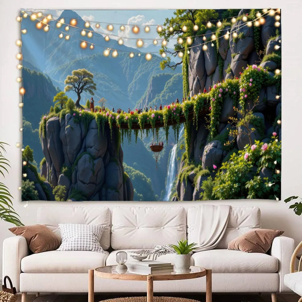 Dreamy Fairy Tale Forest Tapestry Starry Sky Retro Train Multi Size Wall Hanging Fabric Interior Aesthetic Decoration Poster
