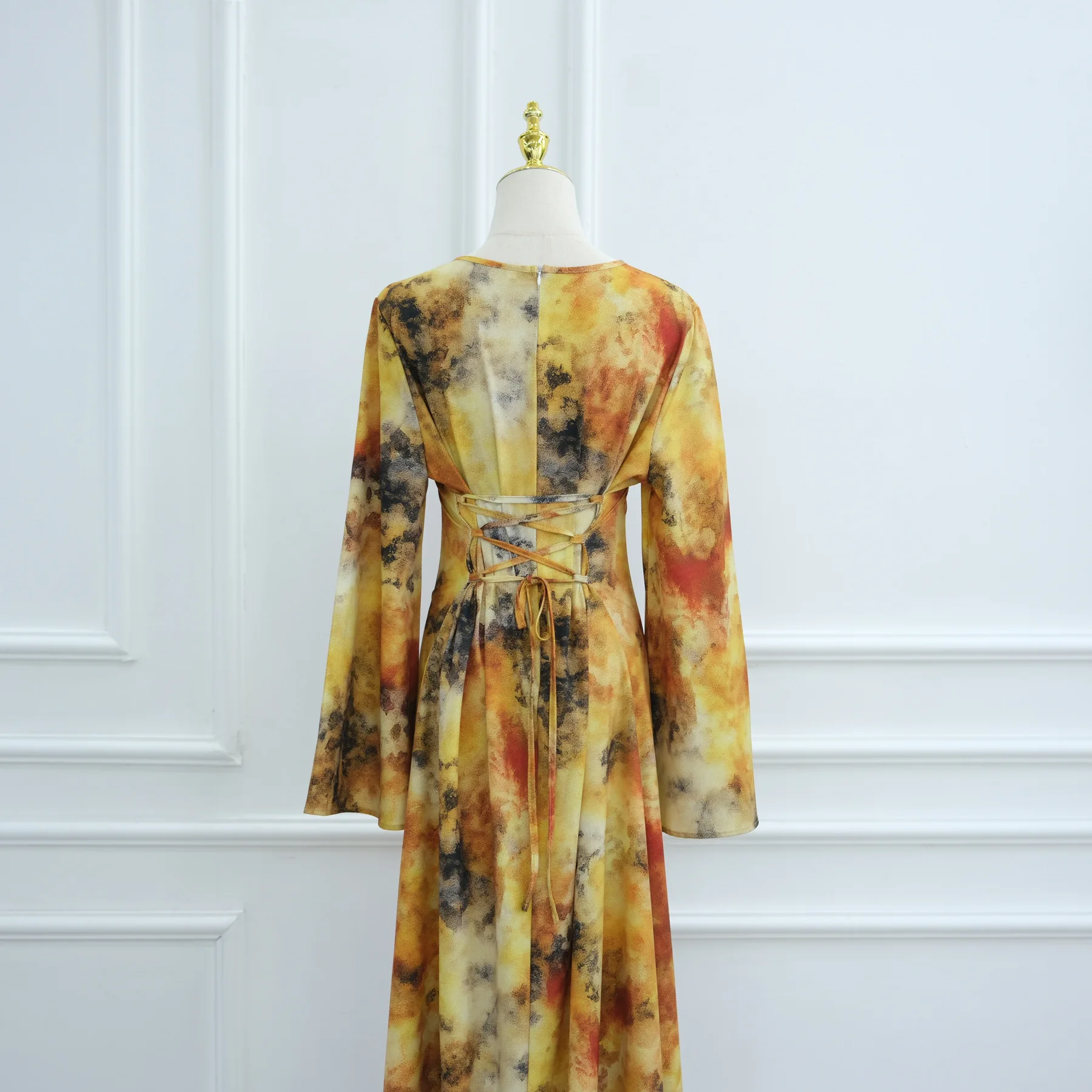 두바이 프린트 무슬림 드레스 여성 아바야 이드 라마단 키마르 질밥 케바야 카프탄 로브 히잡 드레스 레이스업 기모노 이슬람 의류