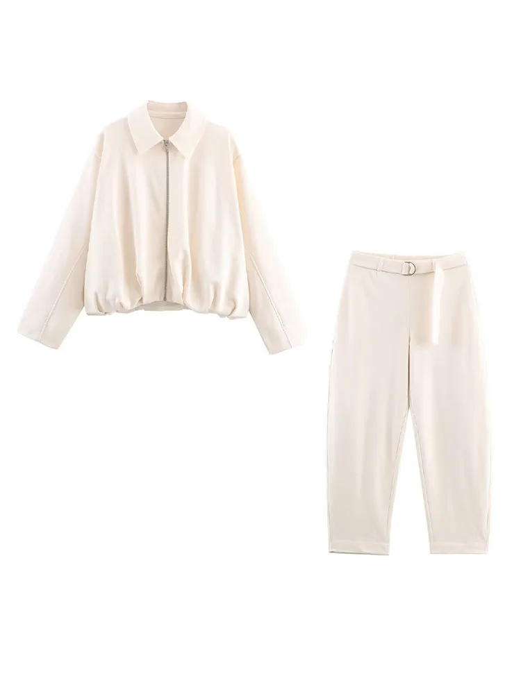 HH-Chaqueta Bomber de franela con solapa de Metal y bolsillo lateral para mujer, conjunto de dos piezas con cinturón y pantalones con cordón, decoración de primavera