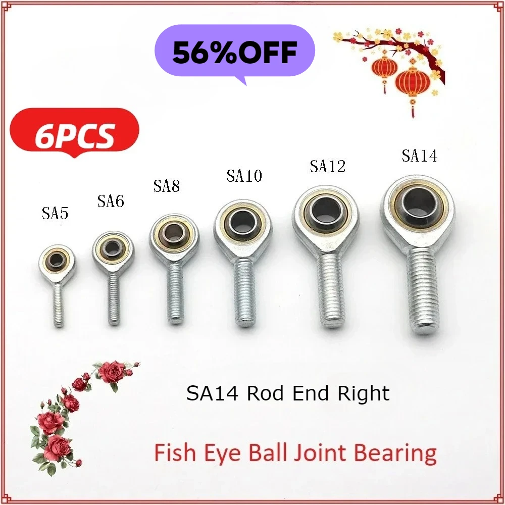 

6PC SA14 Rod End Right Hand Fish Eye Ball Joint Uniball Joint Male T/K Metric Thread Bearing Shaft 14mm