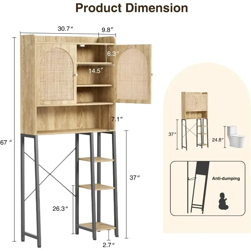 Rattan Over The Toilet Storage Cabinet with Adjustable Shelf, Bathroom Organizers and Storage Over Toilet with Rattan Door