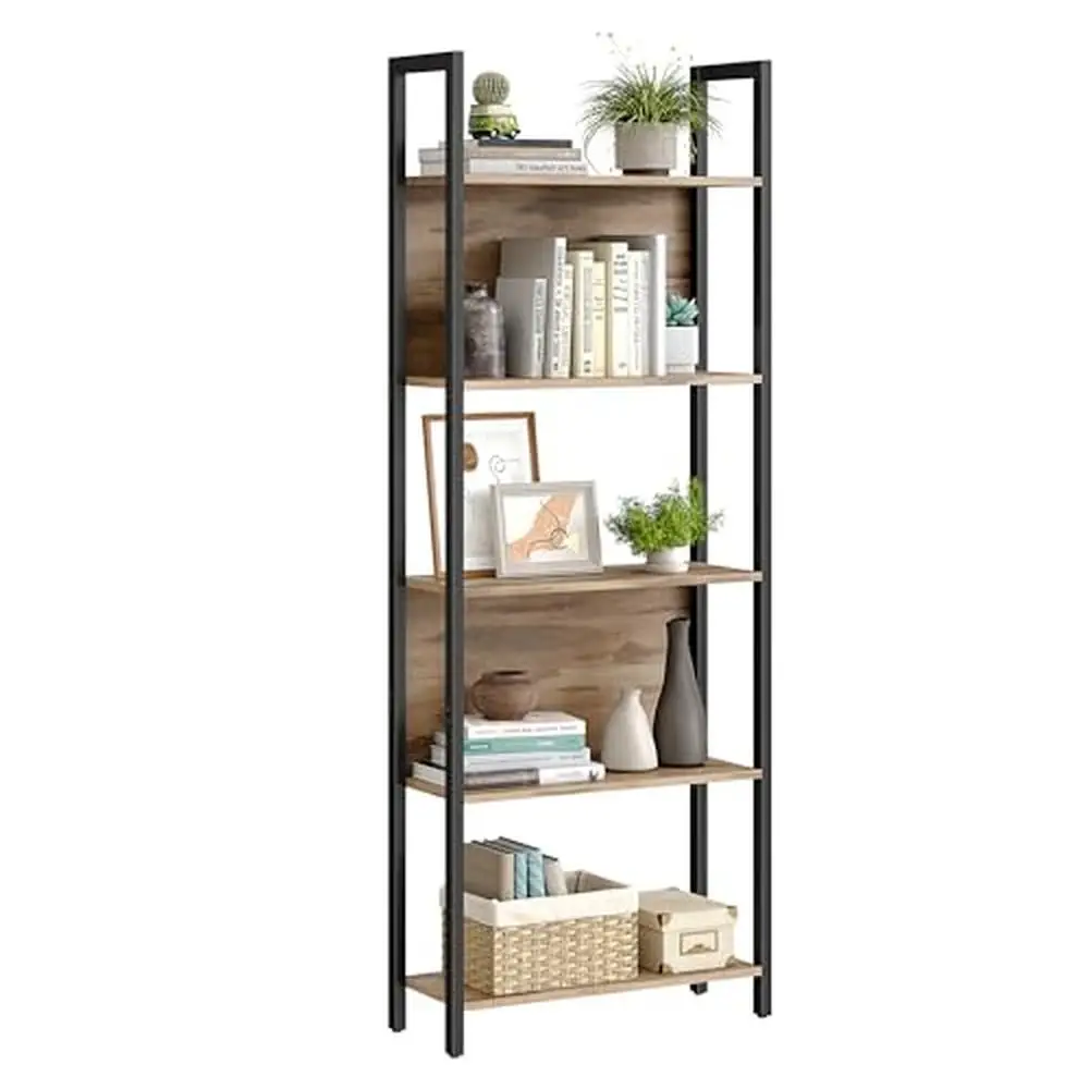 

5-Tier Industrial Bookshelf Steel Frame Storage Shelf Living Room Home Office Bedroom Rectangular Design 9.4 x 24.4 x 65 Inches