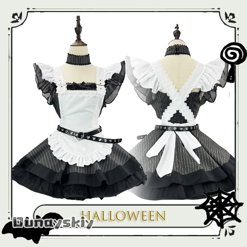 

BRetro Black White Striped Lolita Maids Apron Set Japanese Style Anime Cosplay Dress Subculture Costume Halloween{Dunayskiy}