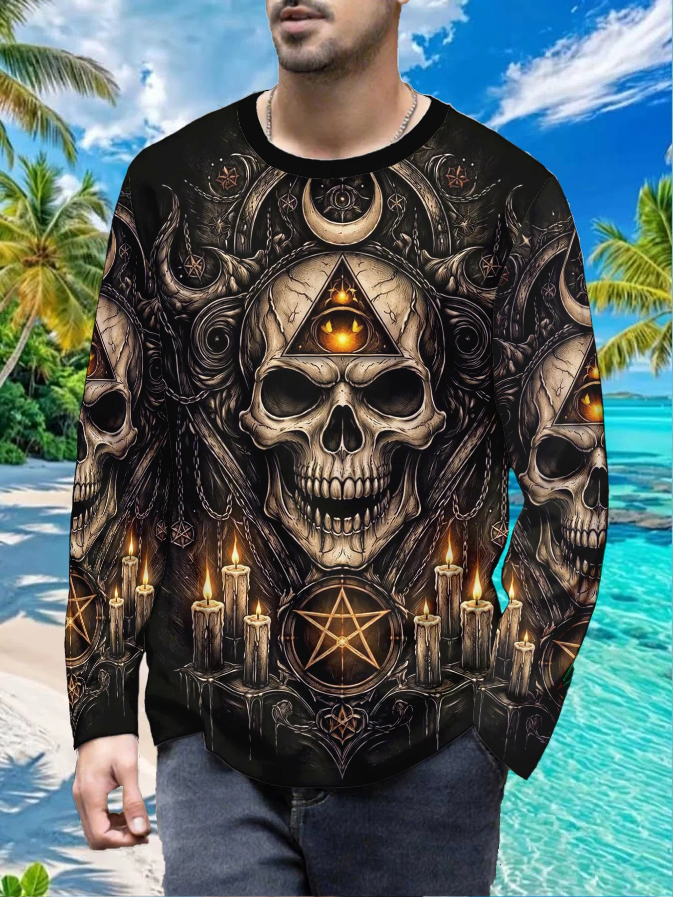 Halloween Skull Occult Pentagram Candle Mens Polyester Long Sleeve T Shirt Gothic Dark Print Graphic Tee Vintage Casual Streetwe