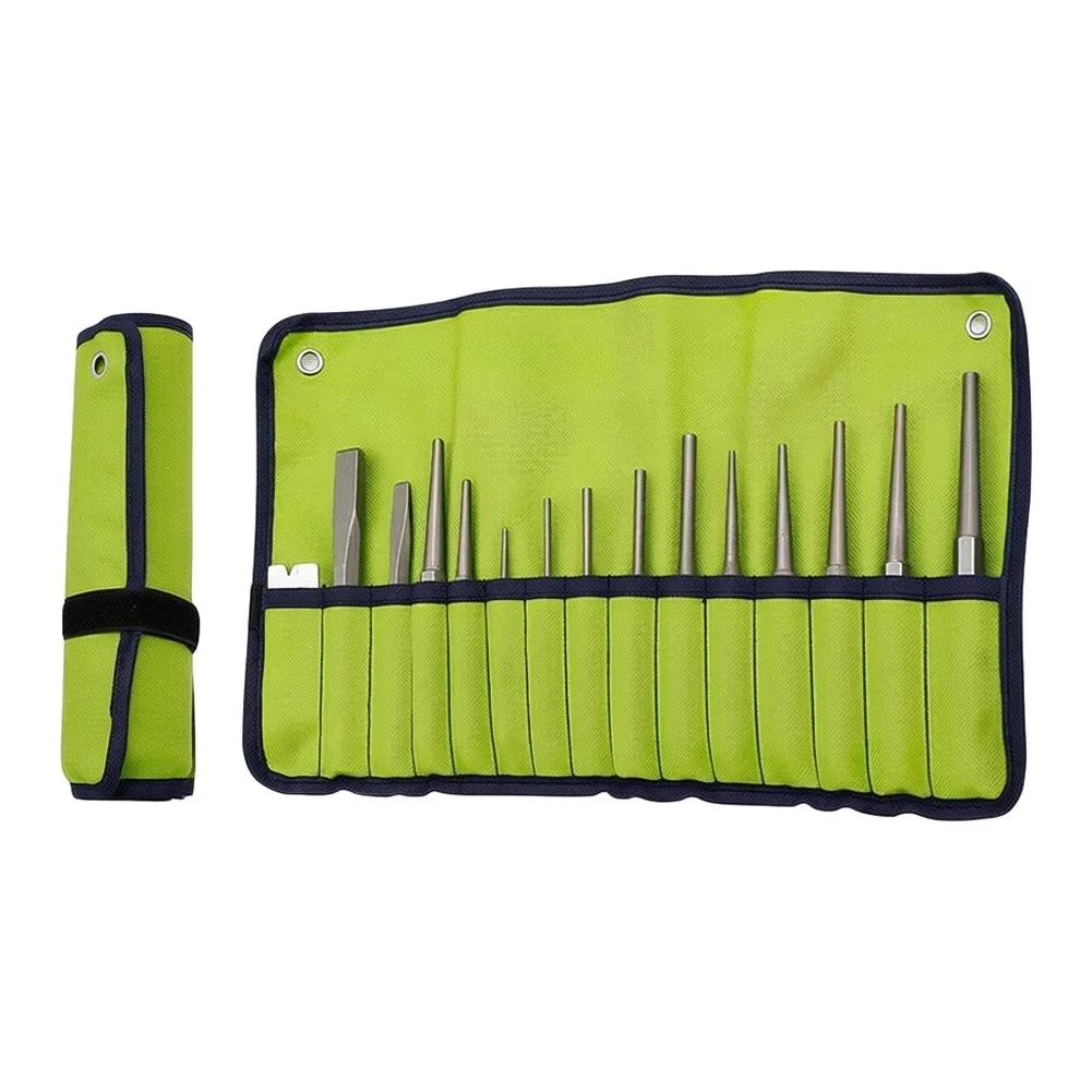 16Pcs Punch & Chisel Set Punching Center Round Flat Point Chisel Portable Canvas Tool Roll For Cement Wall Chiseling Punch