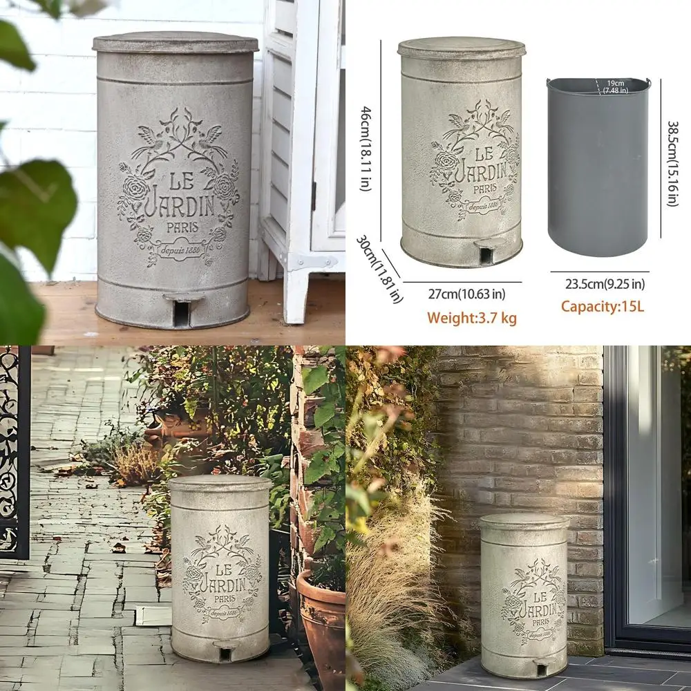 

Commercial Outdoor Metal Garbage Can with Foot Pedal, 15L/4Gallon, Ideal for Shopping Malls and Offices, Retro Style