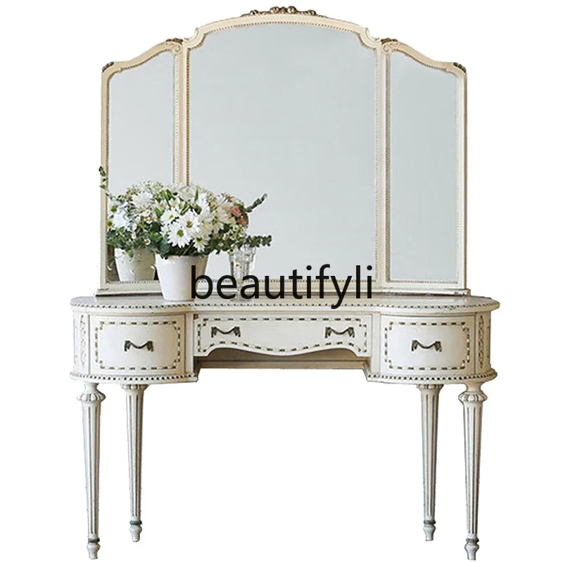 French European retro nostalgic solid wood curved white dressing table makeup table mirror stool Roman column