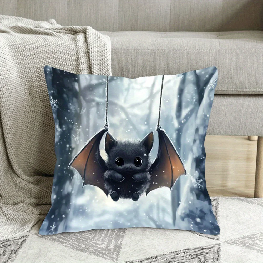 Double Sided Cute Baby Bat Throw Pillow Cover Winter Snow Forest Print Decorative Cushion Cover for Sofa Living Room Home Decor