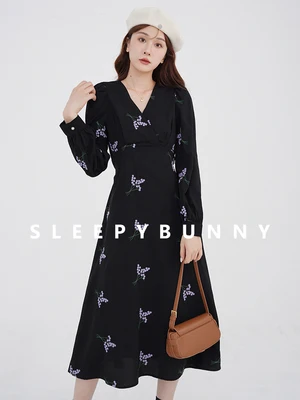 Vestido elegante bordado azul |   Midi floral com decote em V e manga comprida |   Roupa casual de outono com design de ombro slim fit para mulheres