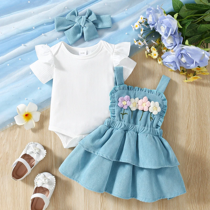 Fashion Summer Baby Girl Clothes Set Short Sleeves Rompers and Crochet Flowers Suspender Skirt Headband 3PCS Kids infant Outfits