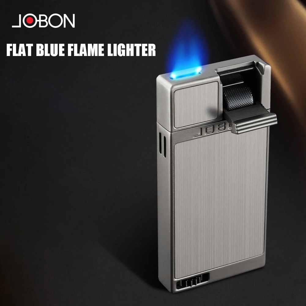JOBON Flat Blue Flame lighter Double-sided Relief Craft Pull-down Effortless Ignition Visible Gas Window Design Alloy Body