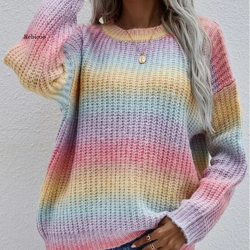 

Rainbow Striped Knitwear Sweater Crew Neck Casual Women Pullovers Sweaters Female Long Sleeve Colourful Jumper Top Winter New