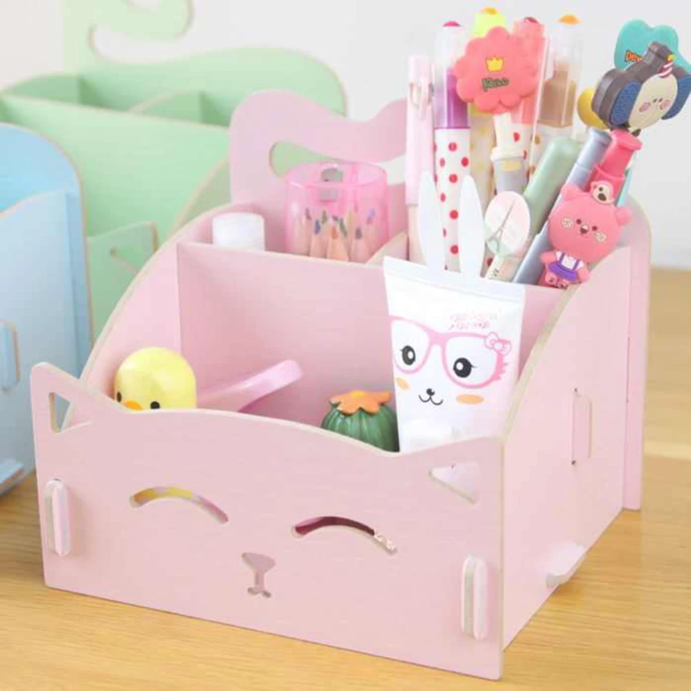 Cute cat pen holders Multifunctional storage Wooden cosmetic storage box/Memo box/Penholder gift office organizer School supplie