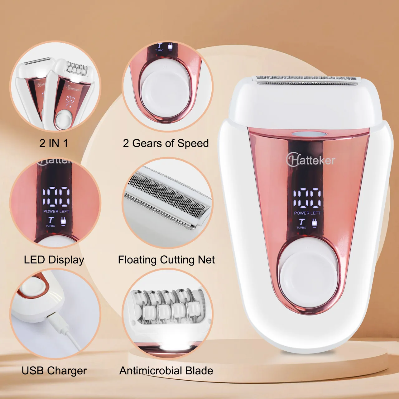 Hatteker 2-in-1 Rechargeable Epilator for Woman Electric for Face Hair Removal Machine Facial Legs Depilatory Body