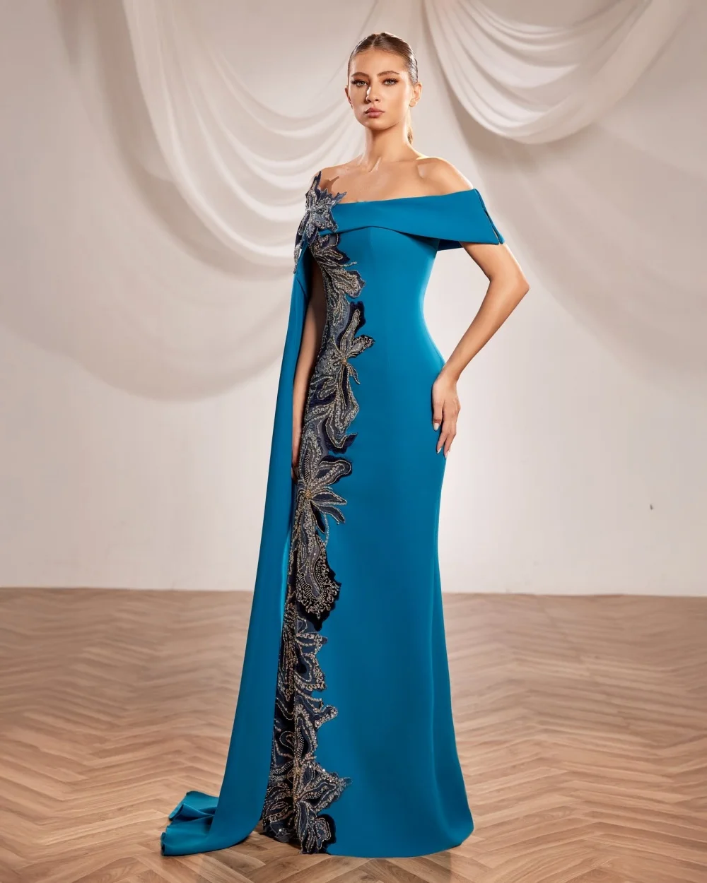 

Customized Elegant Women Jersey Handmade Flower Beading Mermaid Evening Dresses Classic Off-the-shoulder Floor Lenght Party Gown