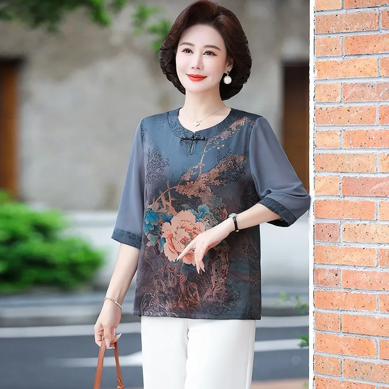 Women's Blouses Vintage Pullover Shirt Ladies Blouses National Style Summer Half Sleeve Top Retro Button Print Top