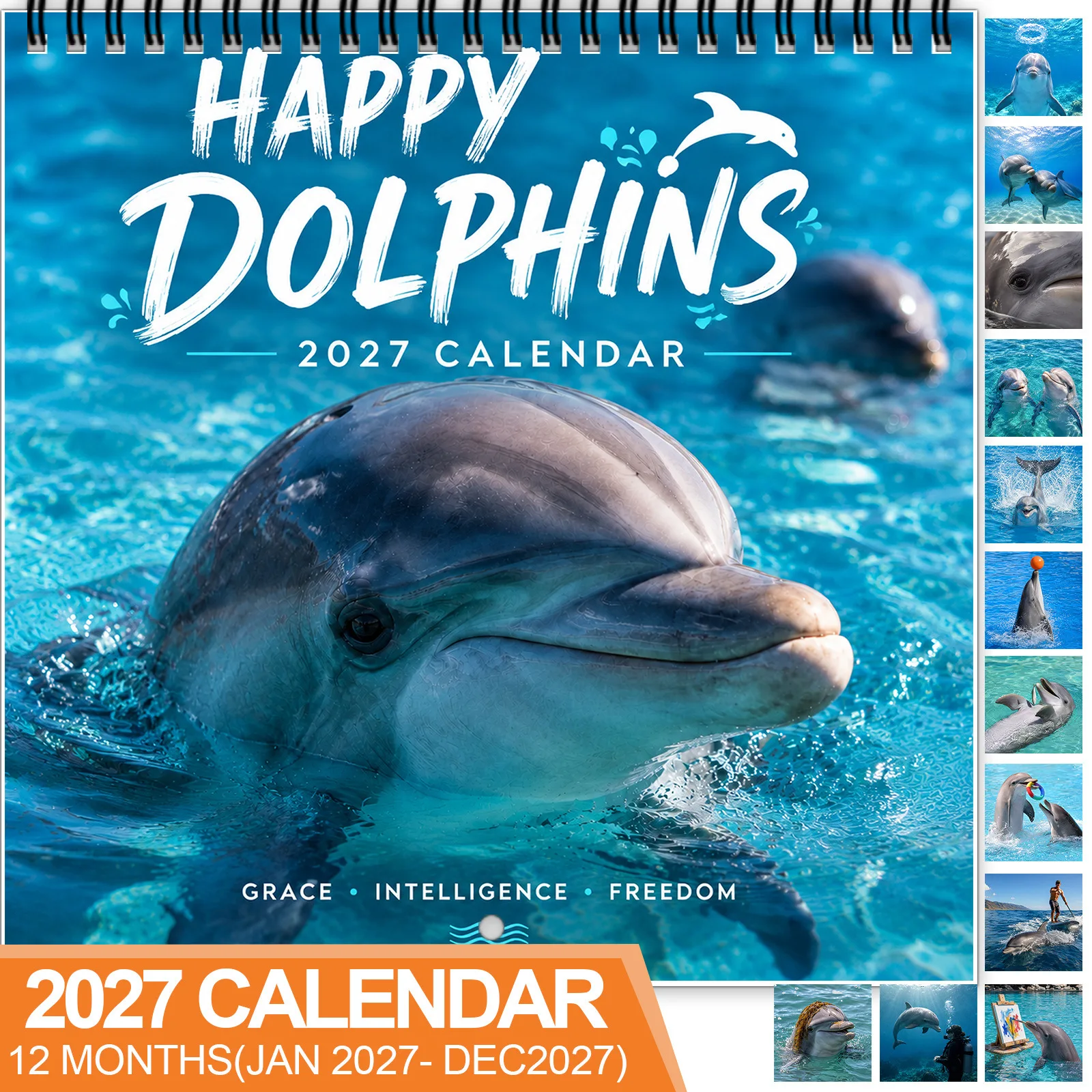 2027 Desk Calendar 12 Months Happy Dolphins Desktop Calendar Monthly Planner Tabletop Home Decor Gift for Ocean Animal Lovers