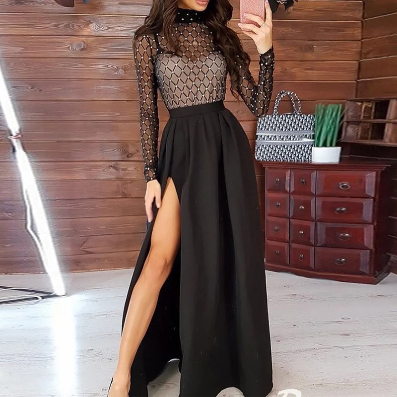 Fashion Half Turtleneck Slim Waisted Long Dress Chic Perspective Mesh Splicing Dress Elegant Ladies High Split Party Sexy Dress