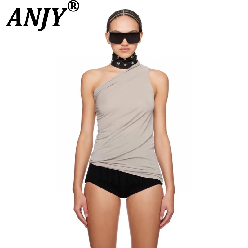 

ANJY Summer New Women Dark RO Style Diagonal Collar Solid Color One-Shoulder Sleeveless Vest Slim Fit High Elasticity Top A21201
