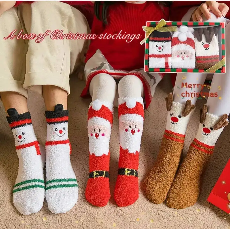Confezione regalo natalizia per famiglia di cartoni animati autunno inverno con calzini di corallo e calzini caldi da pavimento a tubo centrale Veet